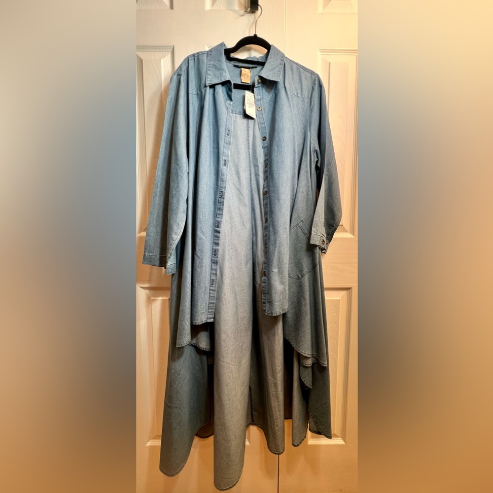 Ashley Stewart Light Blue High-Low Denim Drape Jacket Dress